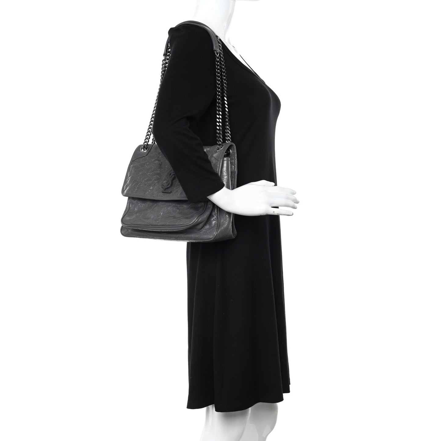 Crinkled Calfskin Matelasse Monogram Medium Niki Chain Satchel Fog