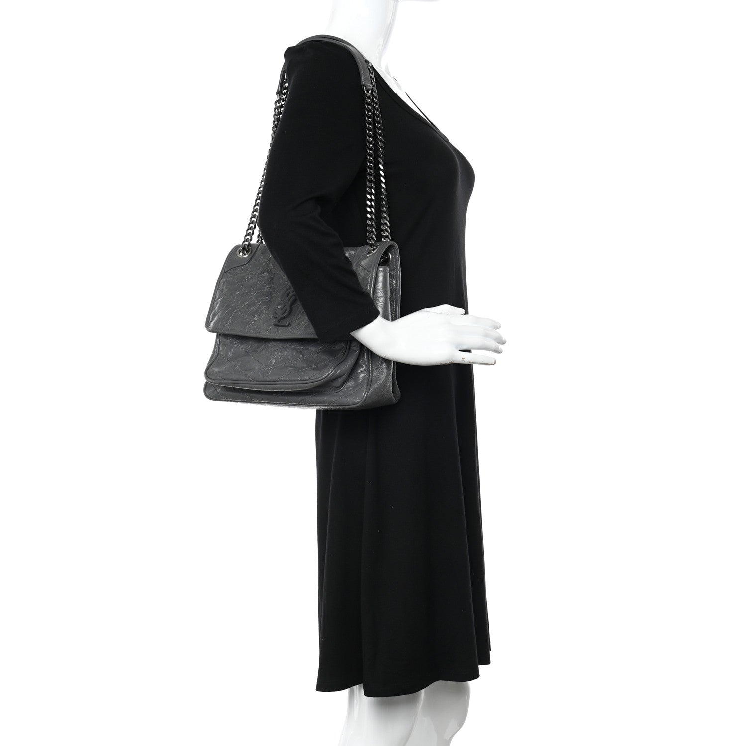 Saint Laurent Crinkled Calfskin Matelasse Monogram Medium Niki Chain Satchel Fog 2 of 11