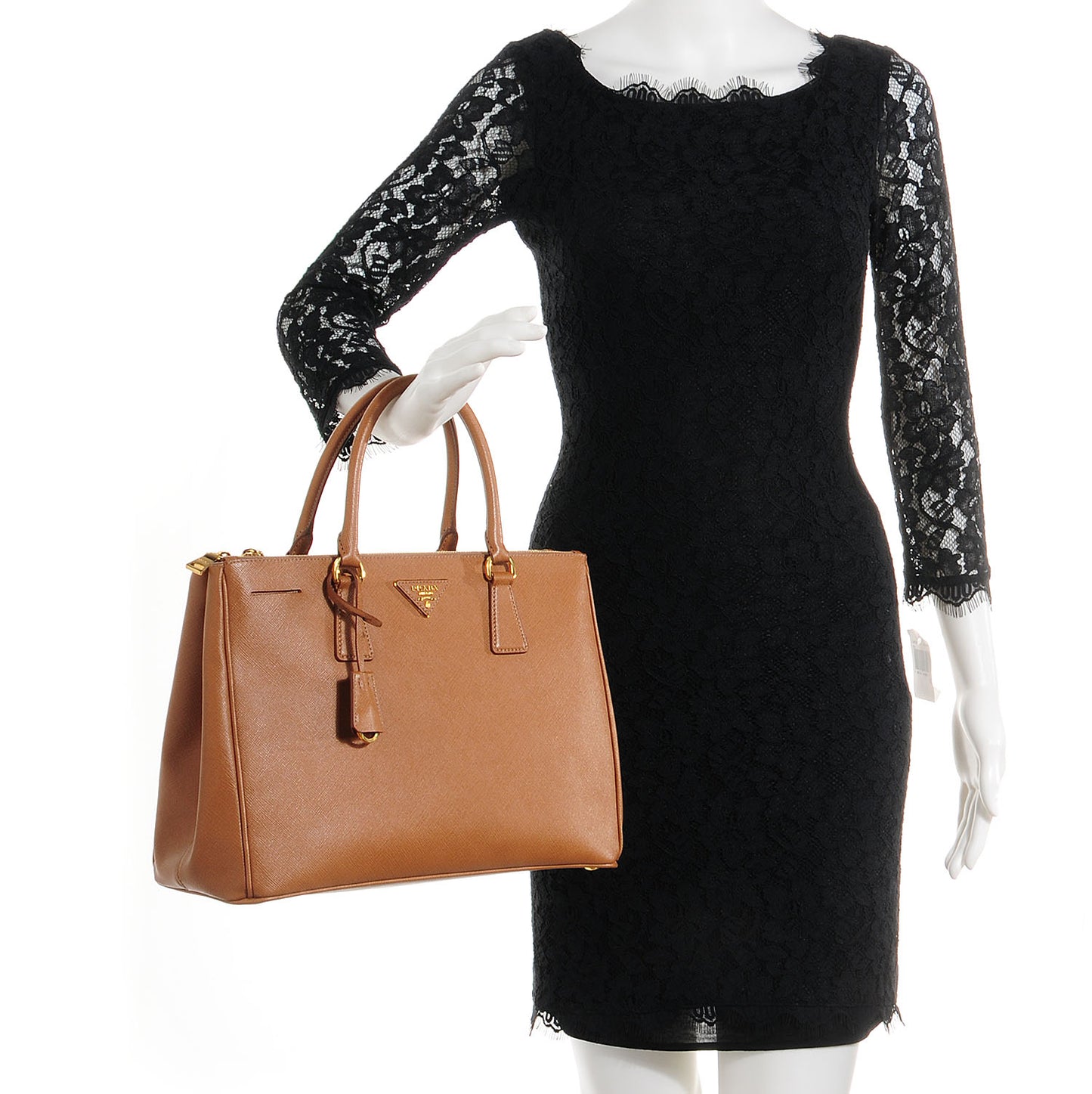 Saffiano Lux Medium Double Zip Tote Caramel