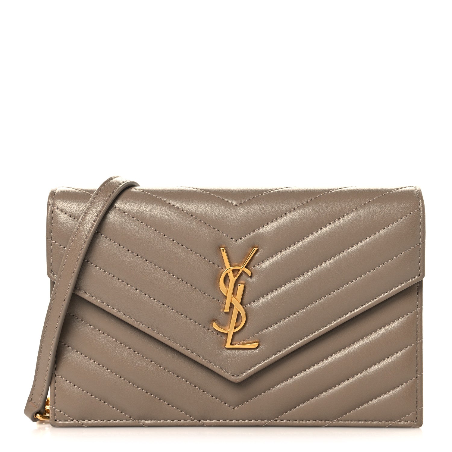 Saint Laurent Lambskin Matelasse Chevron Monogram Envelope Chain Wallet Dusty Grey 1 of 10