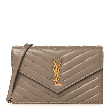 Saint Laurent Lambskin Matelasse Chevron Monogram Envelope Chain Wallet Dusty Grey 1 of 10