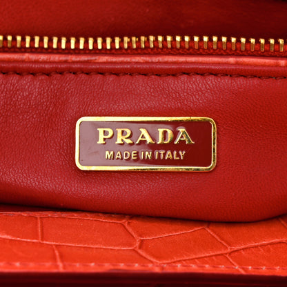Prada Calfskin Crocodile Embossed Turn Lock Satchel Orange White 6 of 13