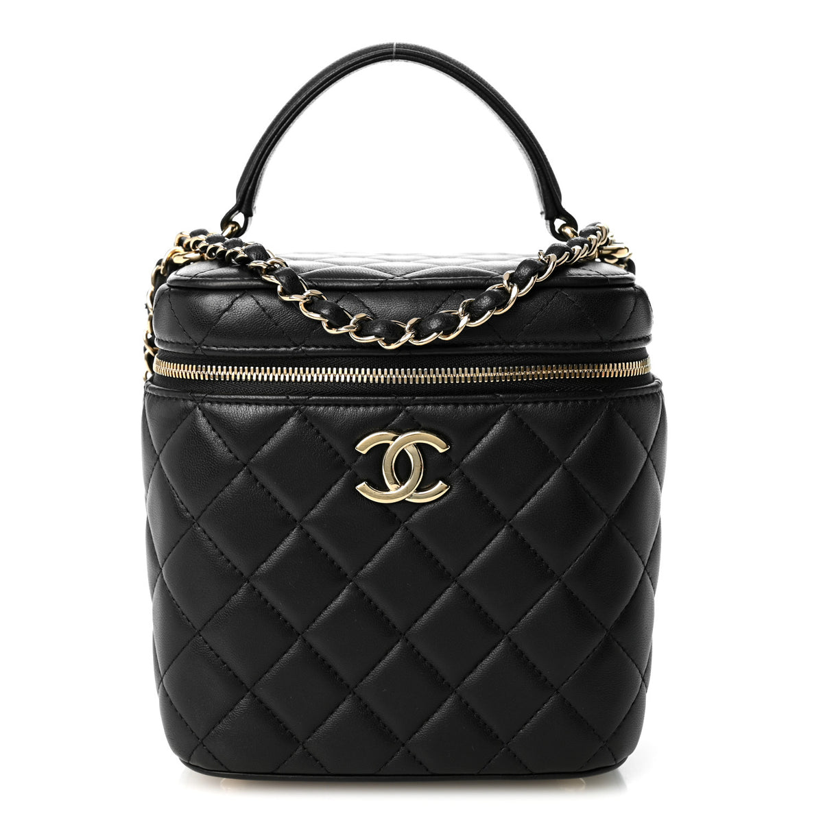 Lambskin Quilted Top Handle Vanity Case With Chain Black
