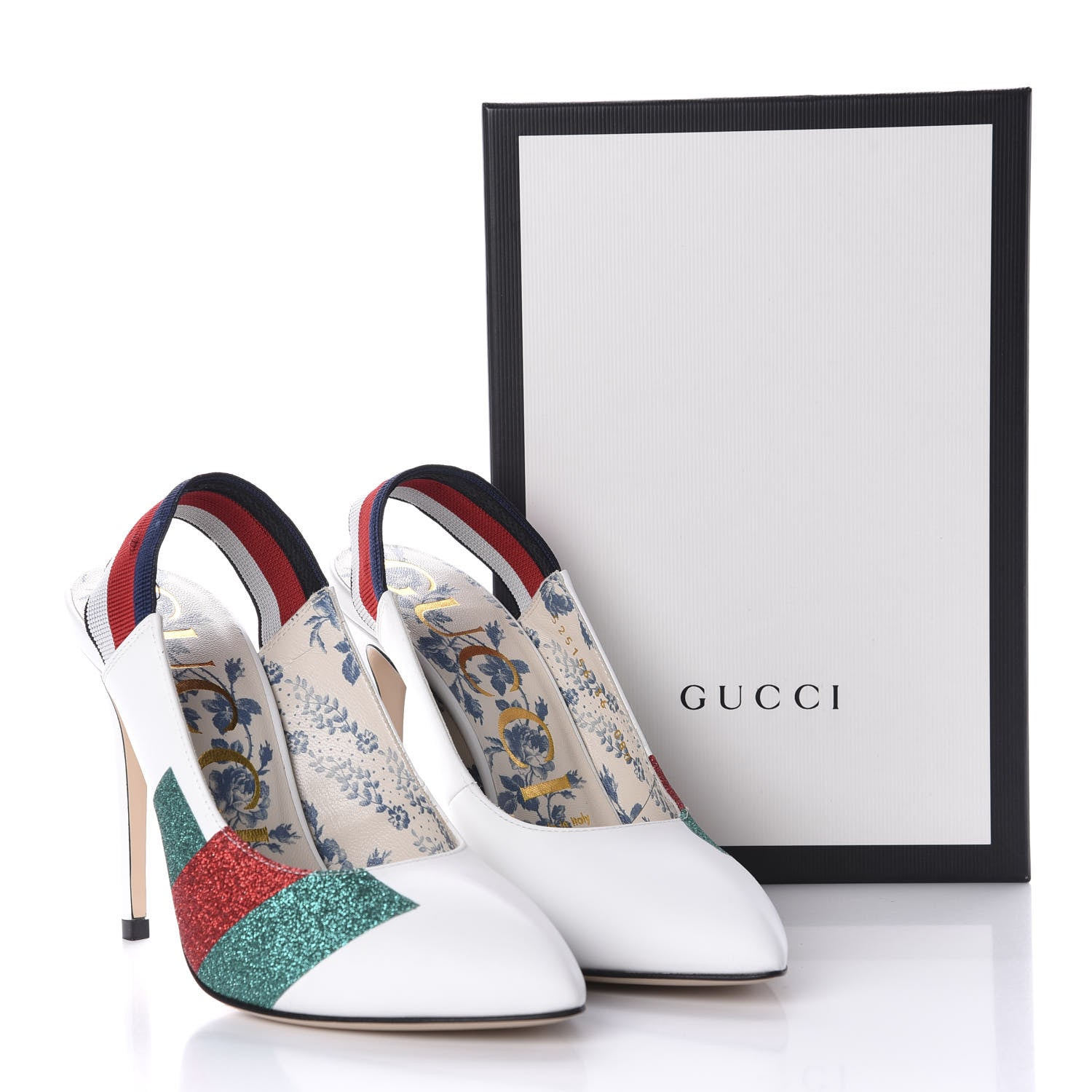 Gucci Calfskin Glitter Web High Heel Slingback Pumps 36 White 10 of 10