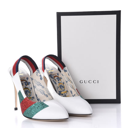 Gucci Calfskin Glitter Web High Heel Slingback Pumps 36 White 10 of 10