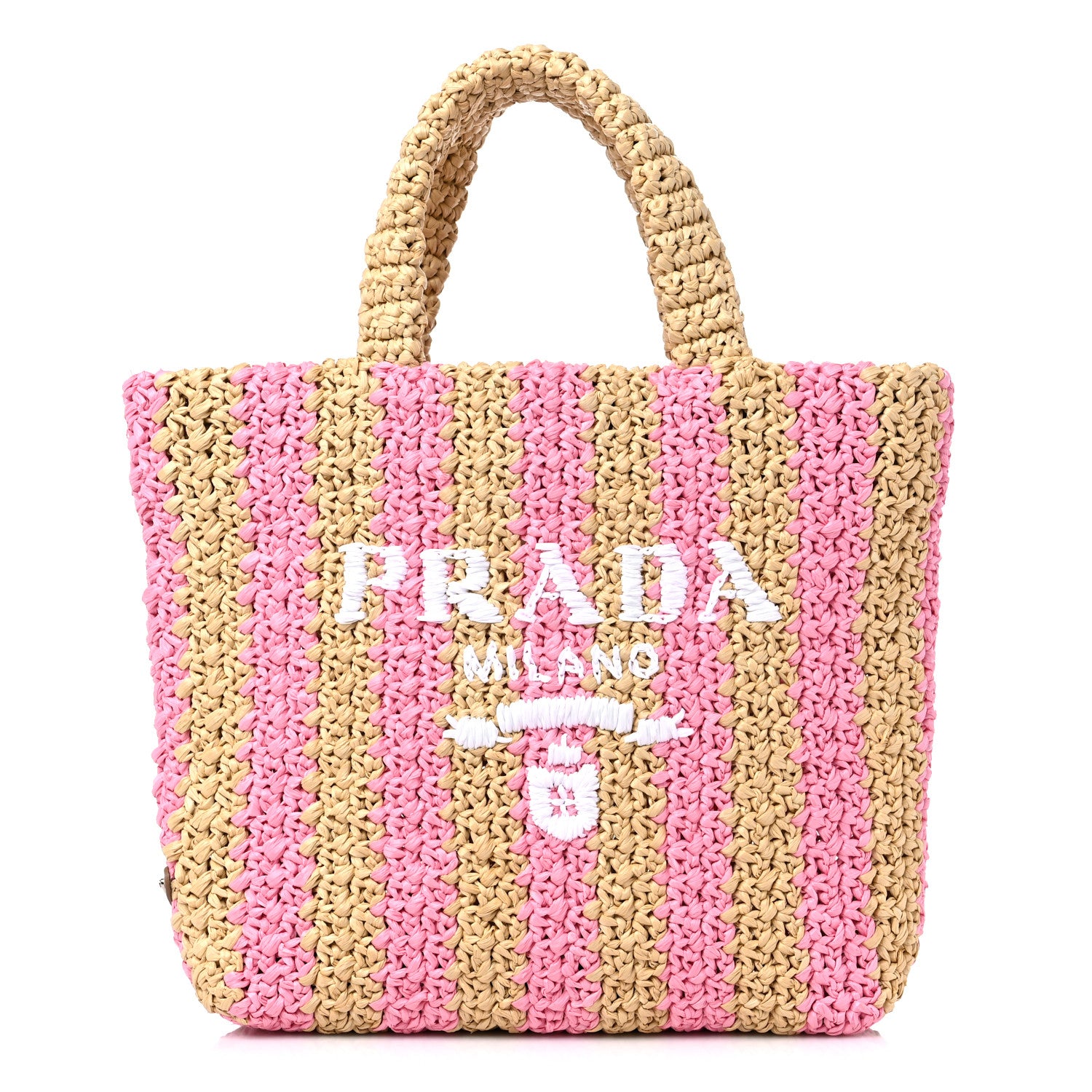 Prada Yarn Raffia Effect Crochet Striped Small Logo Tote Naturale Petalo 1 of 8