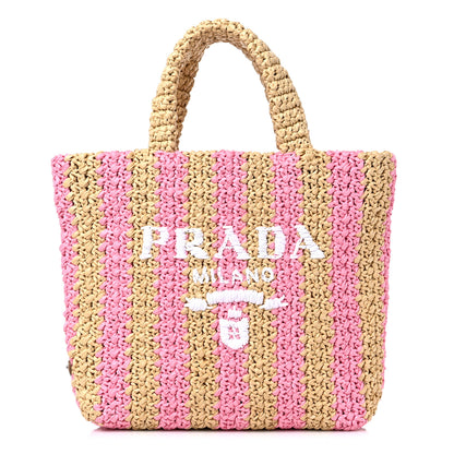 Prada Yarn Raffia Effect Crochet Striped Small Logo Tote Naturale Petalo 1 of 8