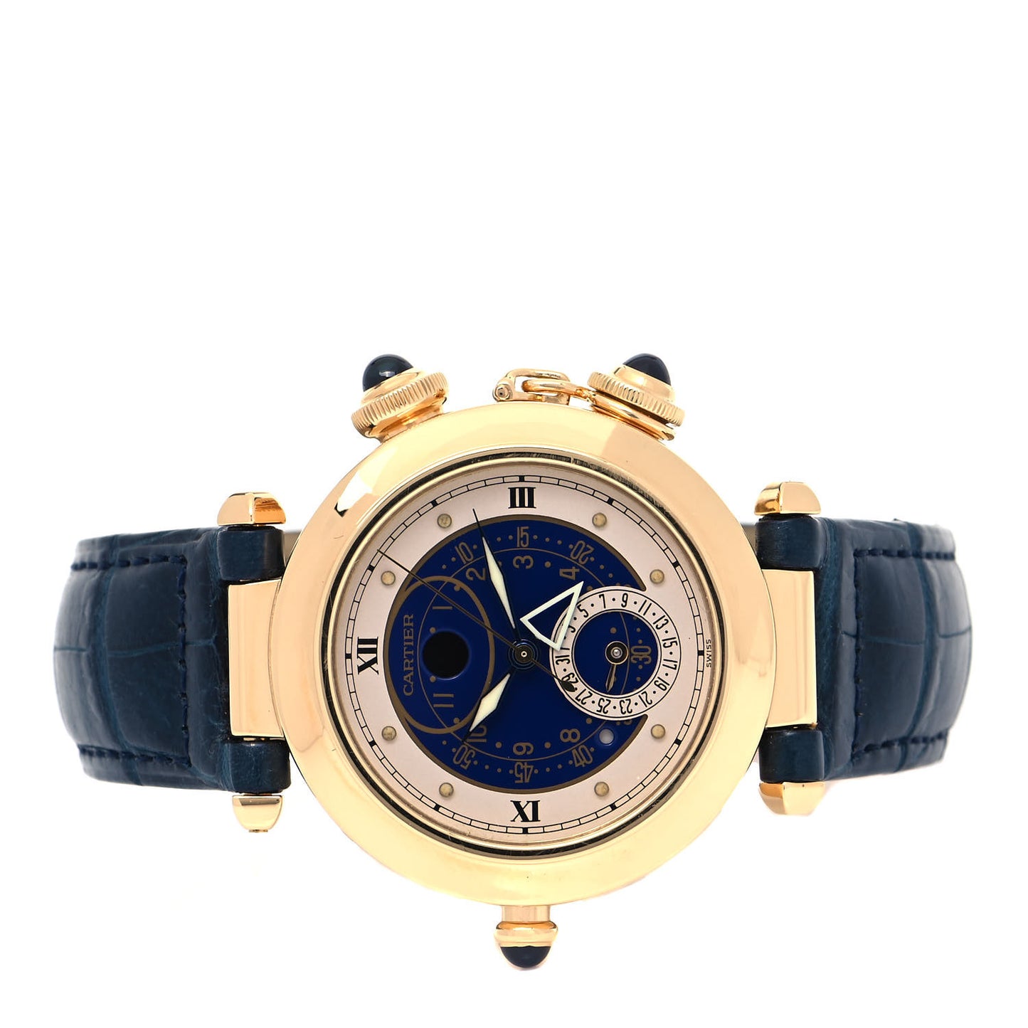 18K Yellow Gold Alligator 38mm Pasha C Moonphase Alarm Quartz Watch Blue