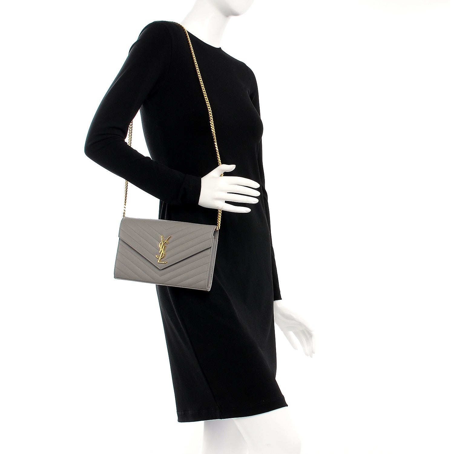 Saint Laurent Grain De Poudre Matelasse Chevron Monogram Chain Wallet Oyster Grey 2 of 7