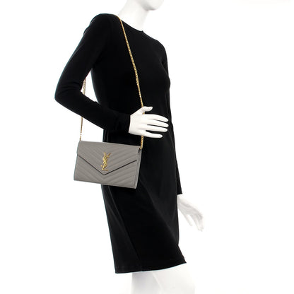 Saint Laurent Grain De Poudre Matelasse Chevron Monogram Chain Wallet Oyster Grey 2 of 7