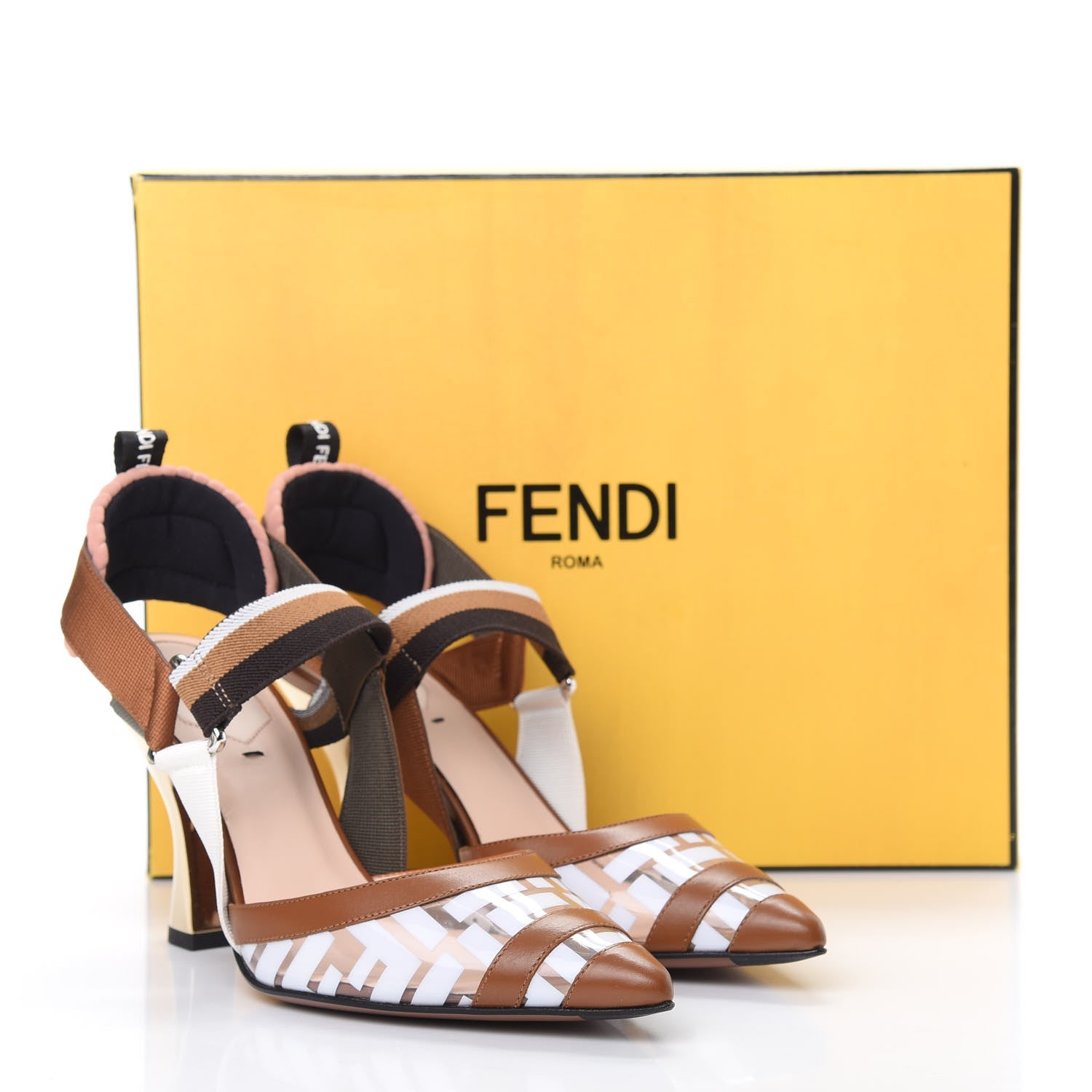 Fendi PVC Vitello FF Colibri 85mm Slingback Pumps 38.5 Transparent White Cuoio Avana 9 of 9