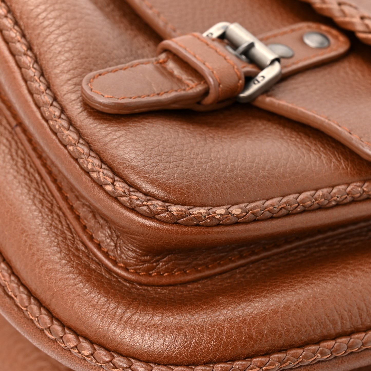 Pebbled Calfskin Braided Gaucho Saddle Handle Bag Brown