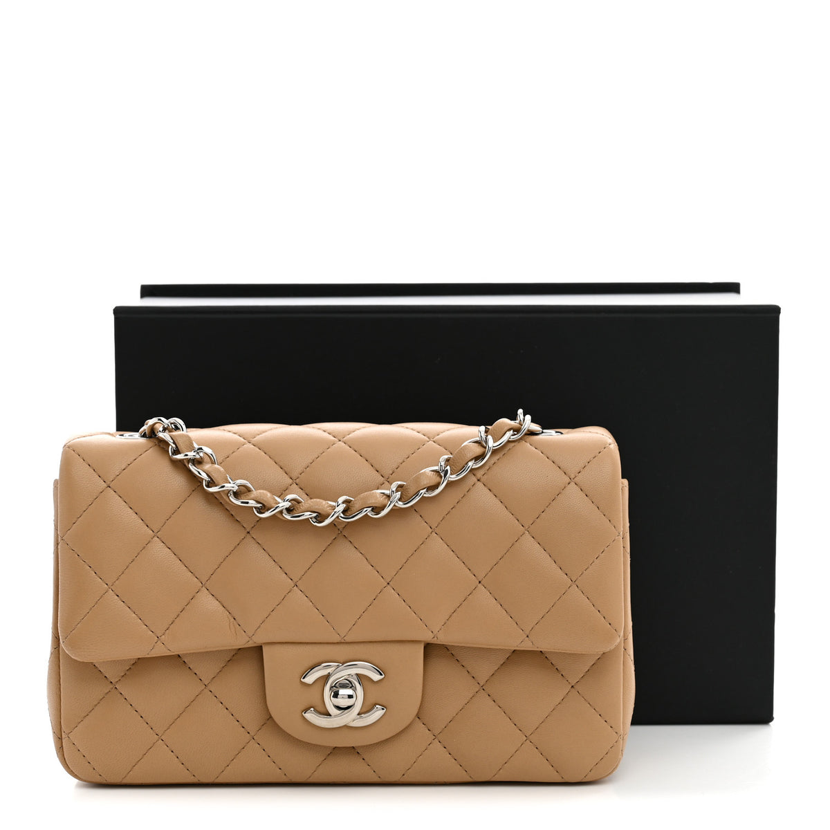 Lambskin Quilted Mini Rectangular Flap Dark Beige