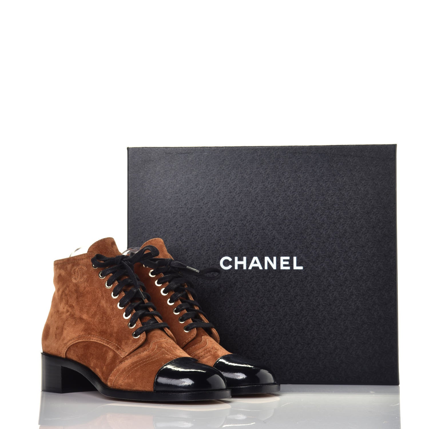 Chanel Suede Patent Cap Toe CC Boots 39 Beige Black 9 of 9