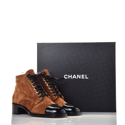 Chanel Suede Patent Cap Toe CC Boots 39 Beige Black 9 of 9