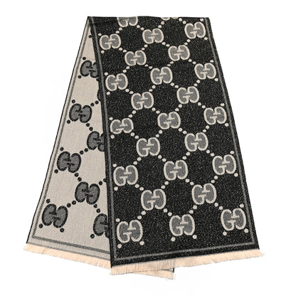 Gucci Wool Lame Jacquard Monogram Jumbo GG Lady Nest Lux Scarf Black Ivory 2 of 4