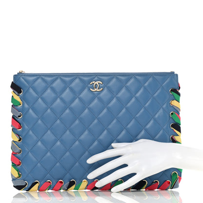 Chanel Shiny Lambskin Ribbon Large Zip Pouch Blue 2 of 7