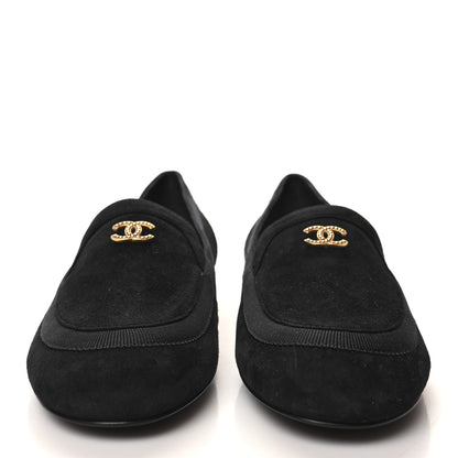 Chanel Kid Suede CC Grosgrain Moccasin Loafers 37.5 Black 2 of 9