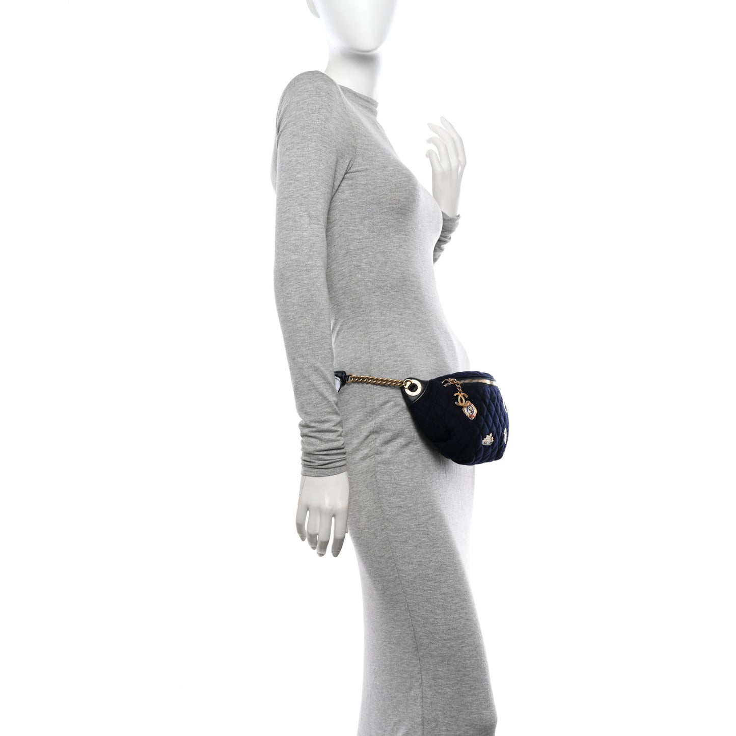 Wool Lambskin Quilted Paris Hamburg Charms Waist Bag Dark Navy