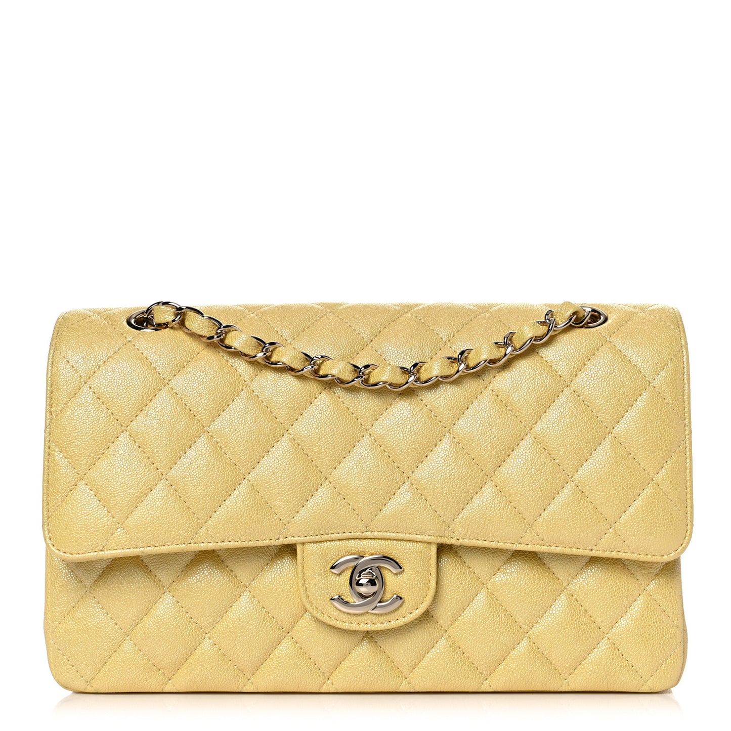 Iridescent Caviar Quilted Medium Double Flap Yellow