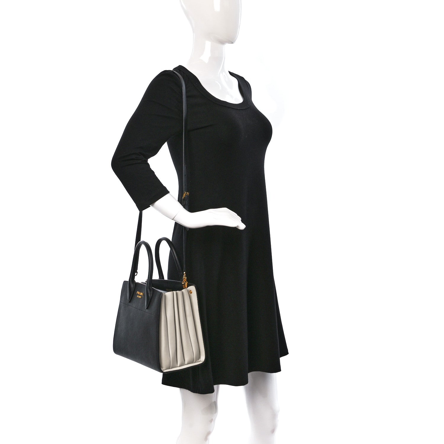 Prada Saffiano City Calfskin Small Bibliothèque Top Handle Black White 2 of 12