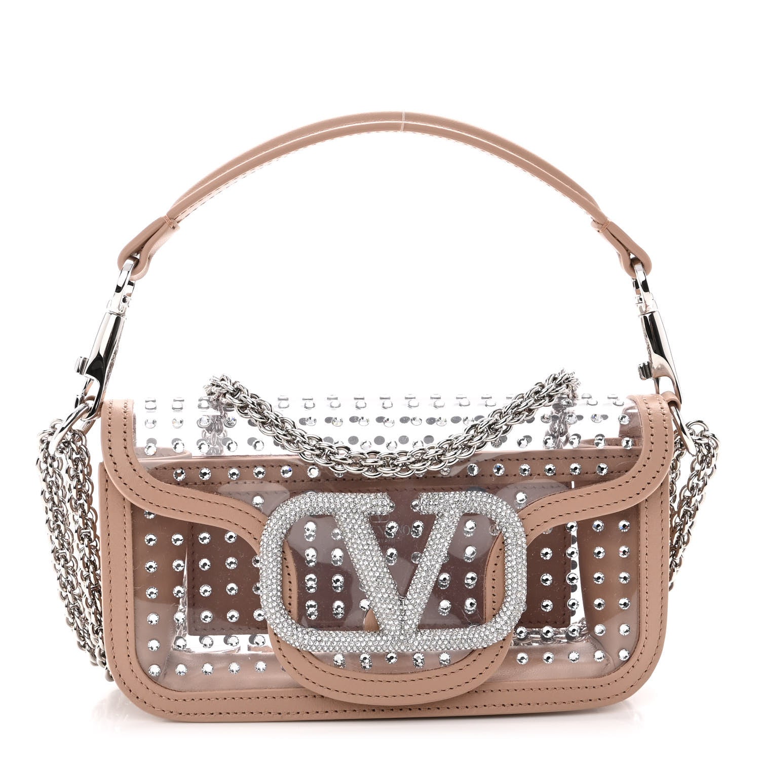 Valentino Garavani TPU Calfskin Crystal Vlogo Embellished Small Loco Shoulder Bag Trasparente Crystal Rose Cannelle 1 of 7
