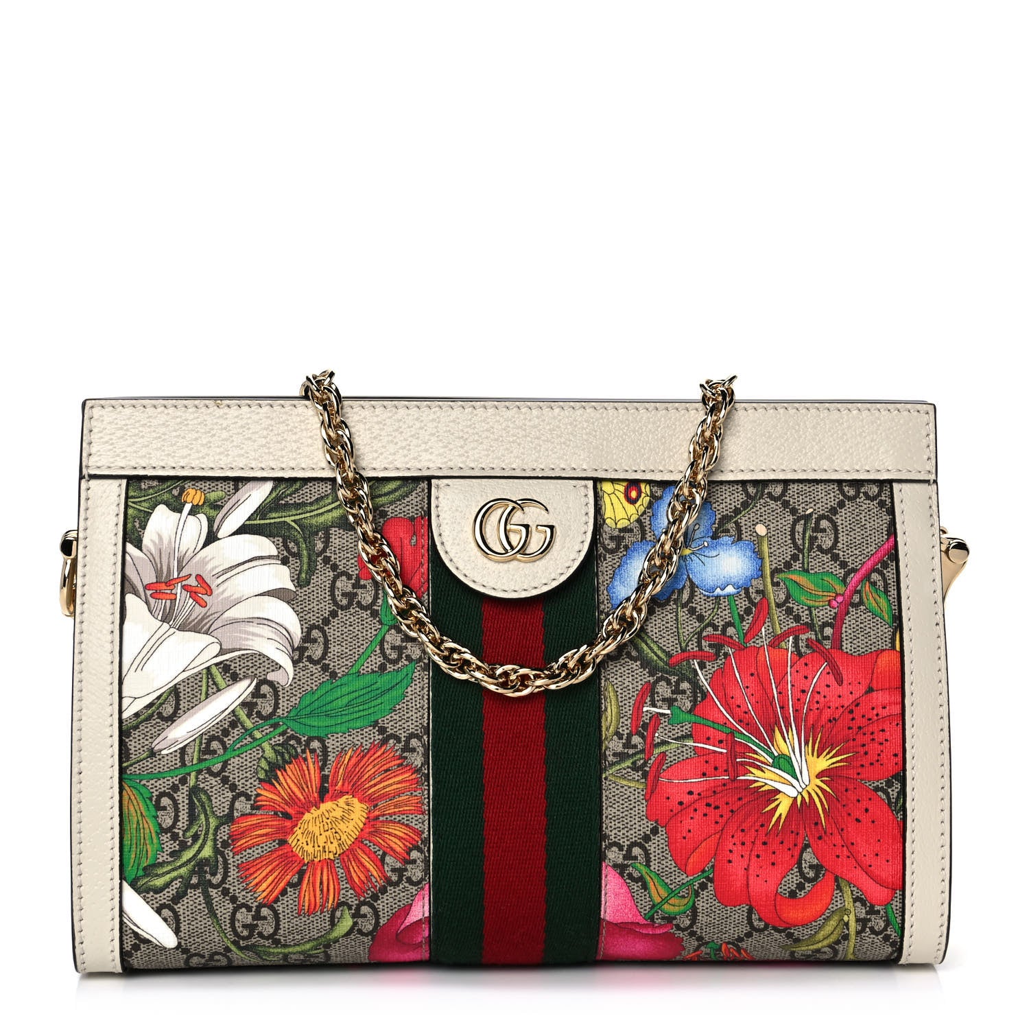 Gucci GG Supreme Monogram Flora Web Small Ophidia Chain Shoulder Bag White 1 of 11