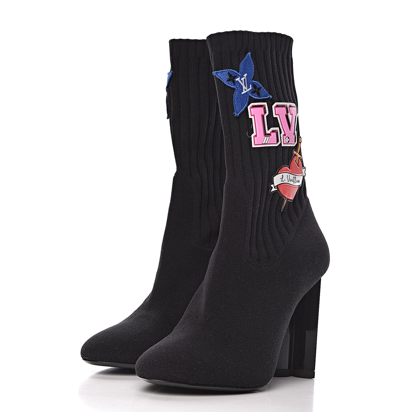 Stretch Fabric LV Black Heart Sock Ankle Boots 37 Black