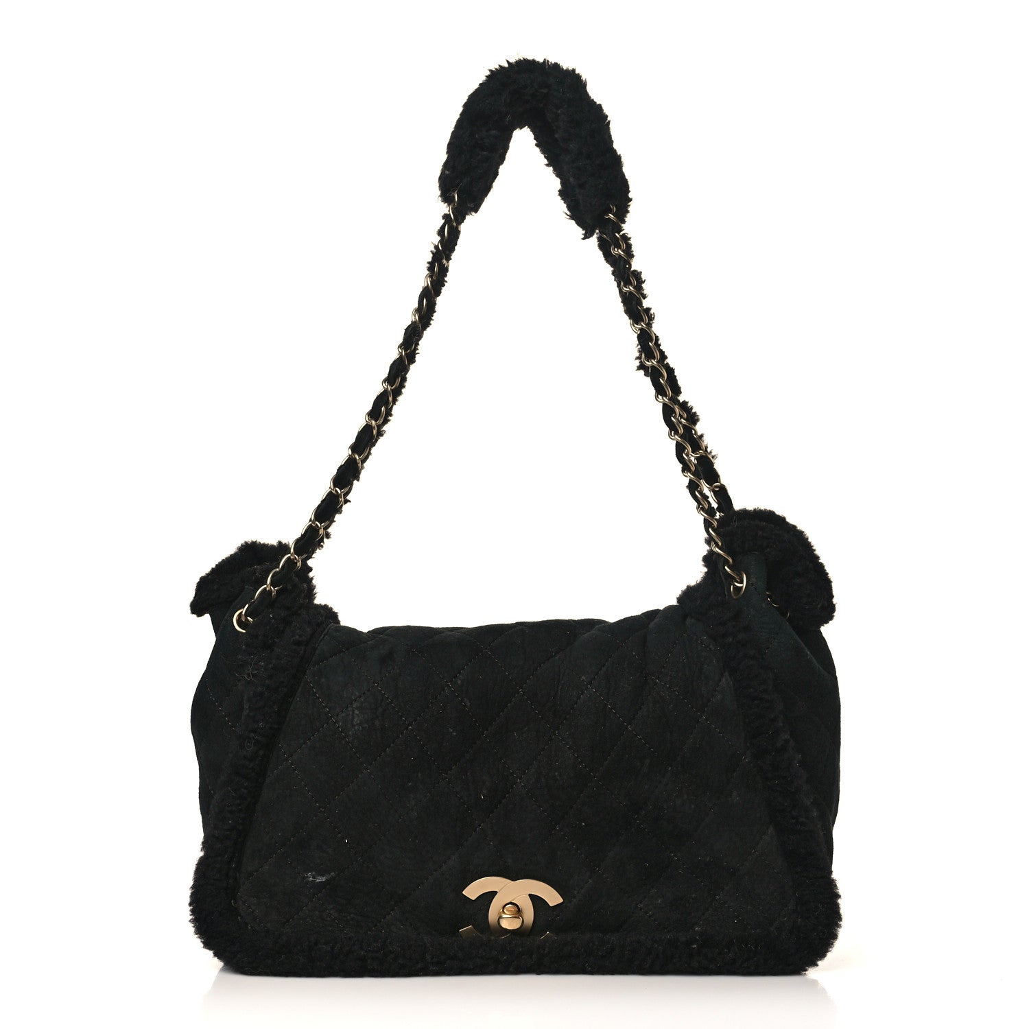 Chanel Shearling Suede Quilted Fur Flap Black 1 of 12