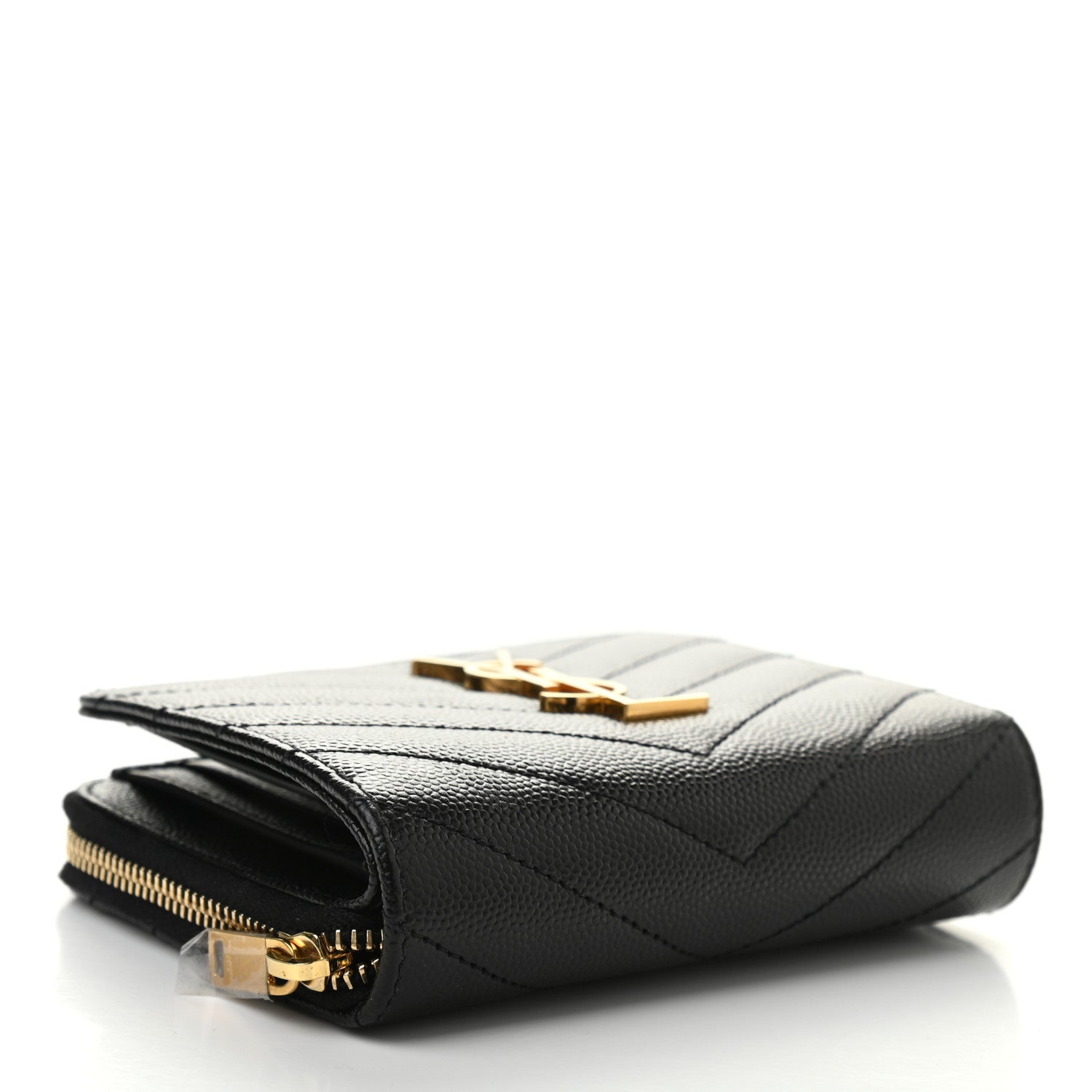 Saint Laurent Grain De Poudre Matelasse Chevron Monogram Compact Zip Around Wallet Black 4 of 8