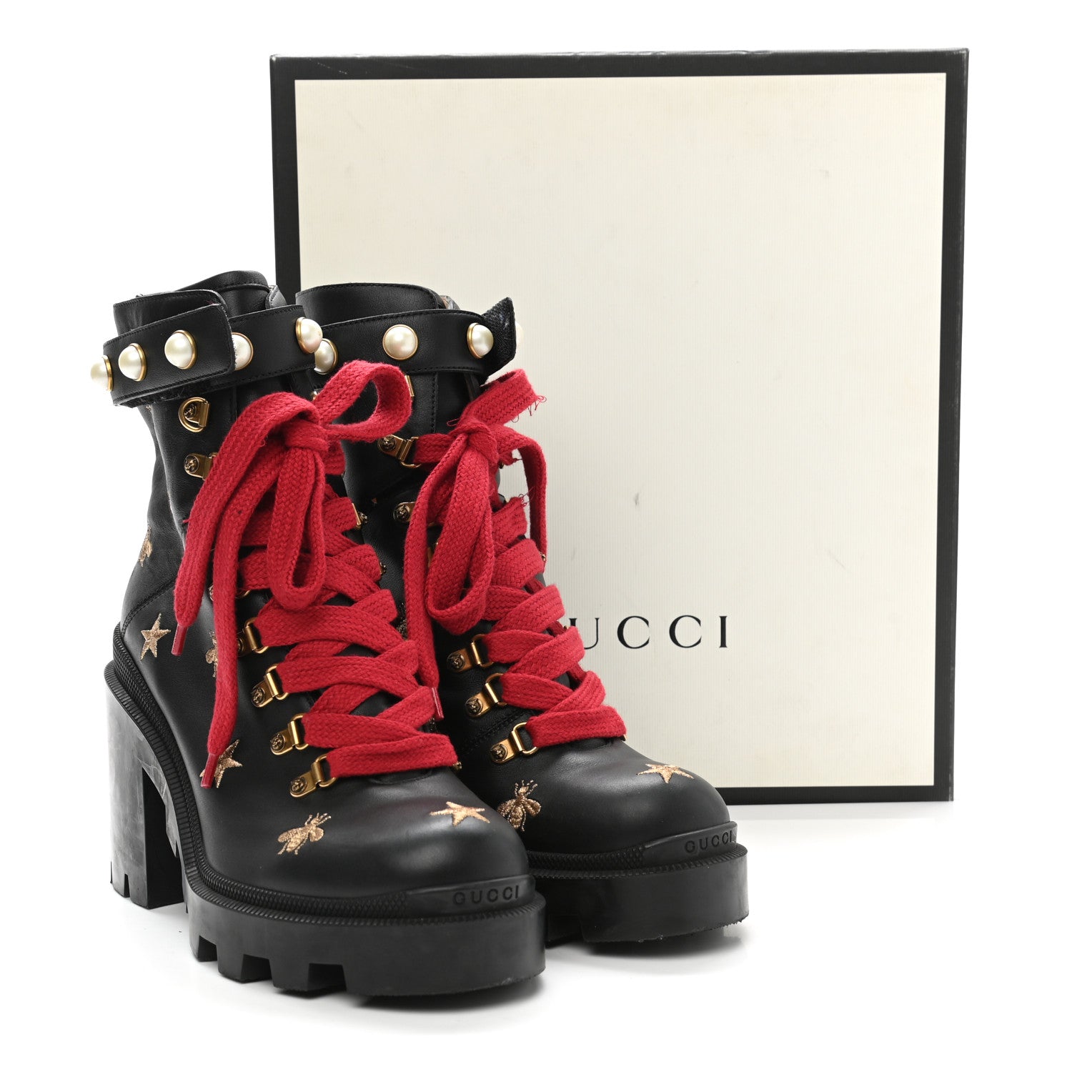 Gucci Calfskin Pearl Lace Up Combat Ankle Boots 40 Black 10 of 10