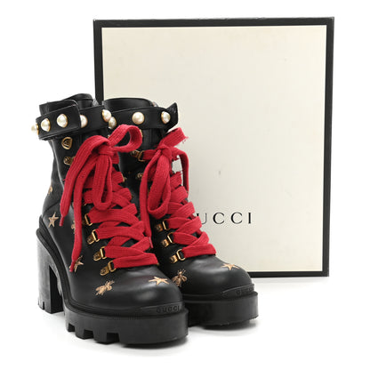 Gucci Calfskin Pearl Lace Up Combat Ankle Boots 40 Black 10 of 10