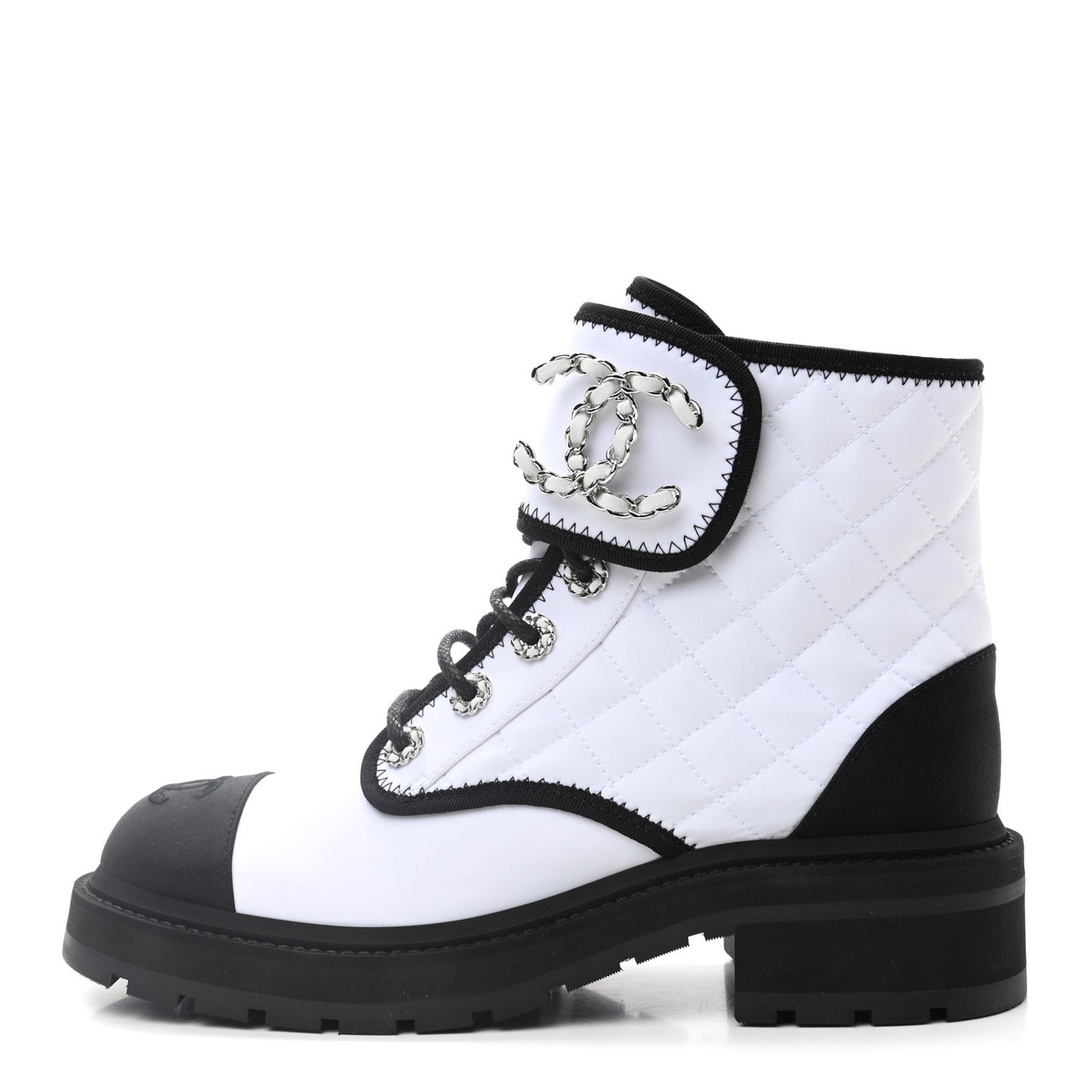 Fabric Grosgrain Quilted Cap Toe Lace Up Combat Boots 38 White Black