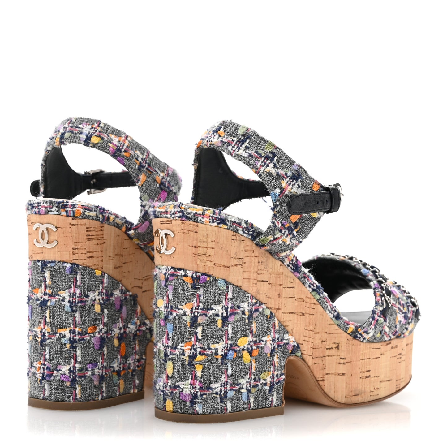 Tweed Cork Wedge Sandals 37 Navy Multicolor