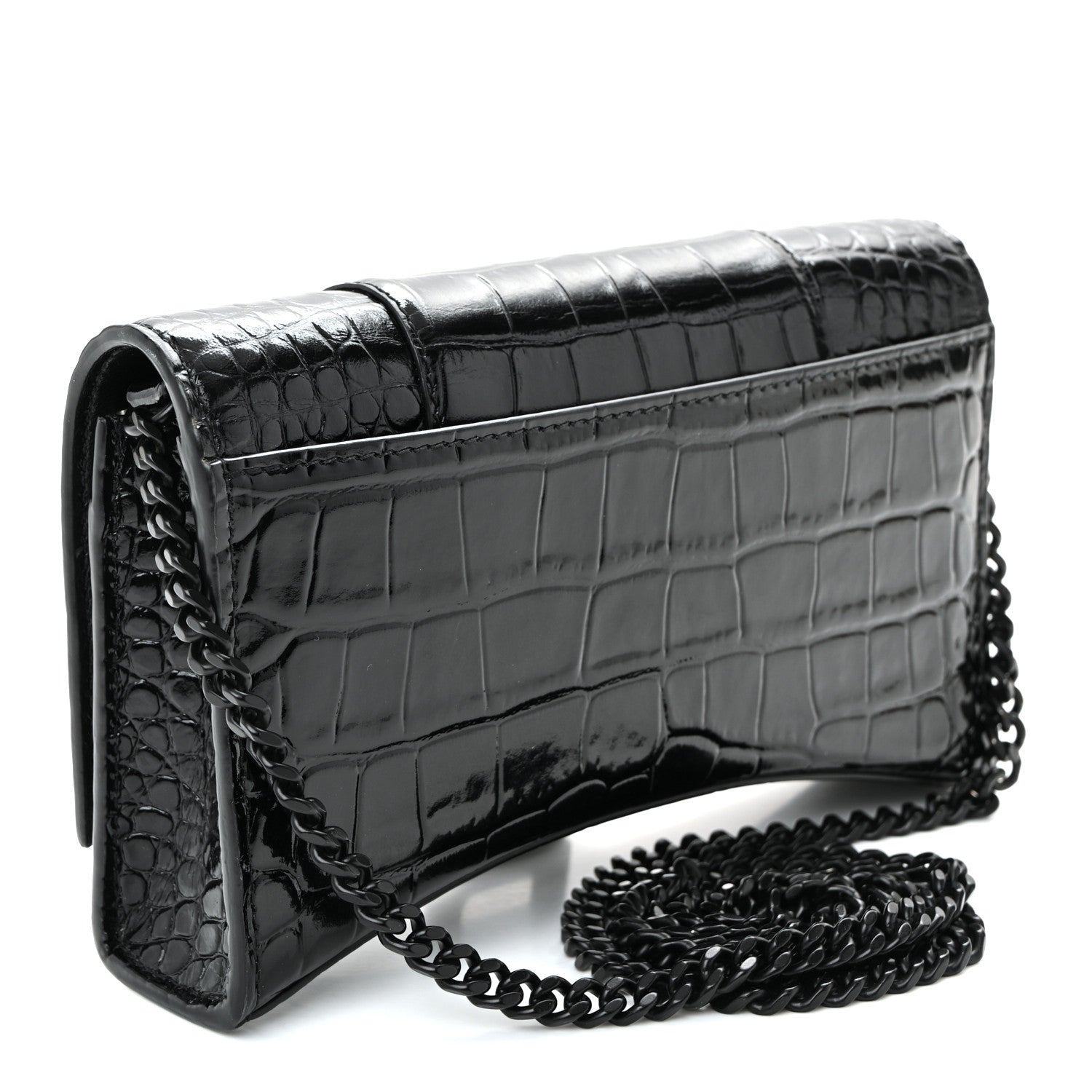 Balenciaga Shiny Calfskin Monochrome Crocodile Embossed Hourglass Chain Bag Black 3 of 10