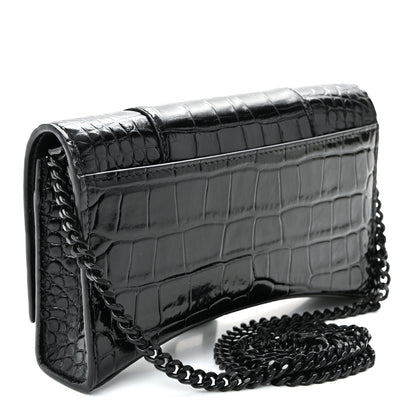 Balenciaga Shiny Calfskin Monochrome Crocodile Embossed Hourglass Chain Bag Black 3 of 10