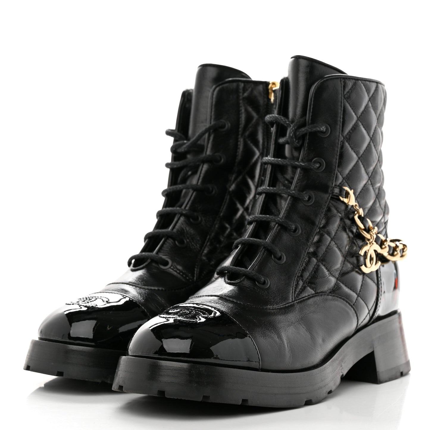 Shiny Calfskin Patent Quilted Chain Lace Up Combat Boots 40.5 Black