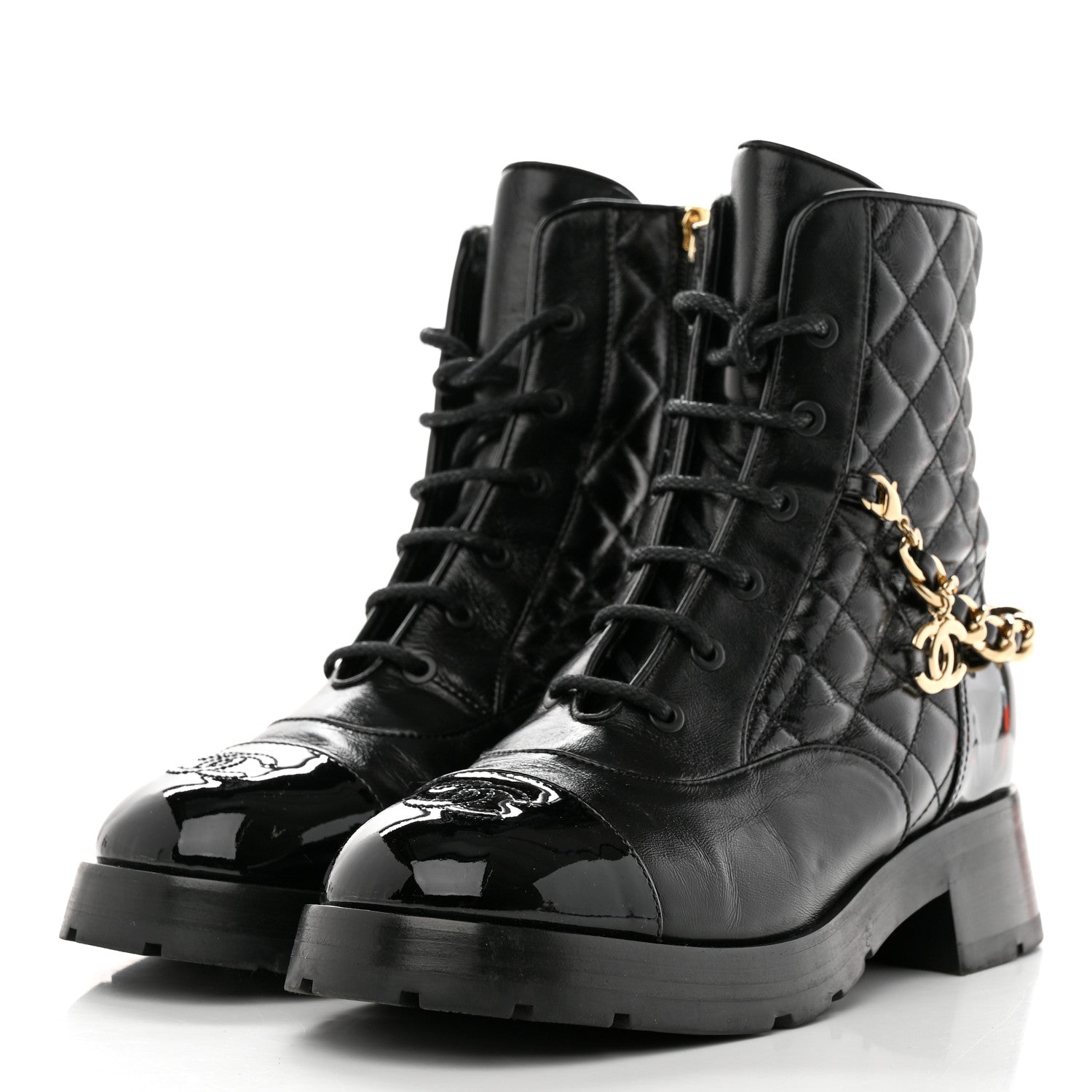 Chanel Shiny Calfskin Patent Quilted Chain Lace Up Combat Boots 40.5 Black 3 of 8