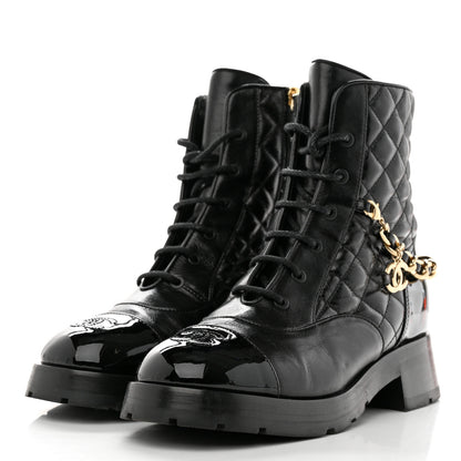 Chanel Shiny Calfskin Patent Quilted Chain Lace Up Combat Boots 40.5 Black 3 of 8