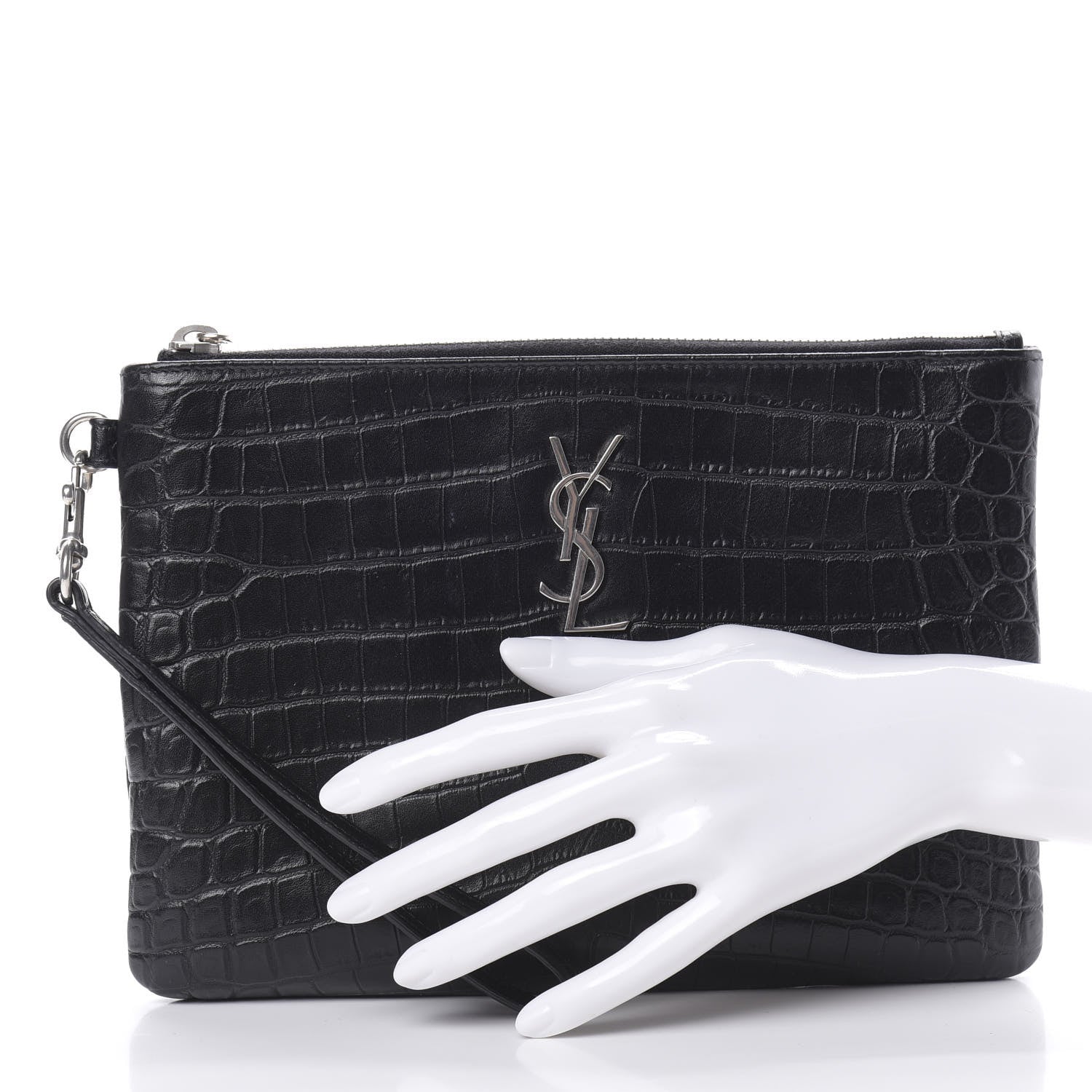 Saint Laurent Calfskin Crocodile Embossed Monogram Zip Pouch Black 2 of 10