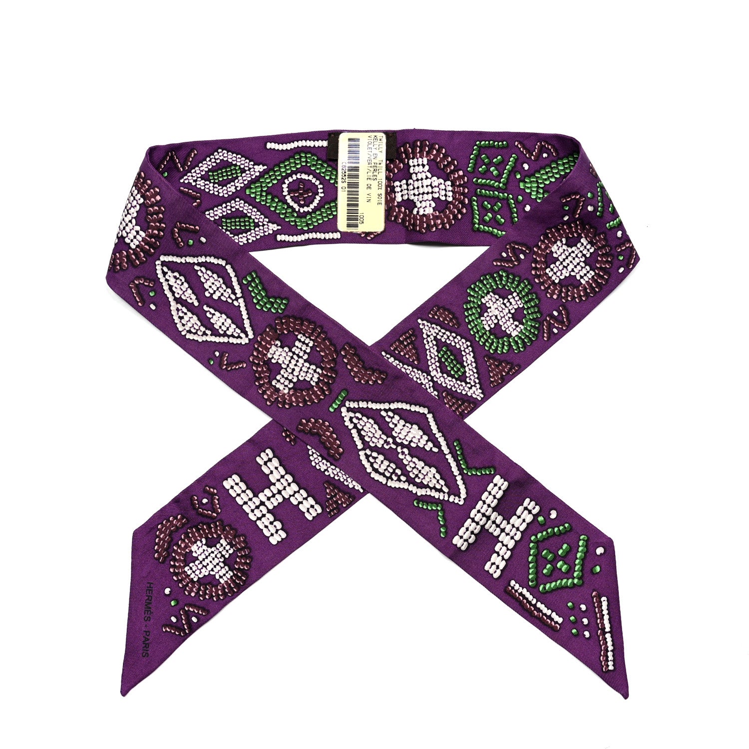Hermes Silk Kelly En Perles Twilly Violet Vert Lie De Vin 1 of 4
