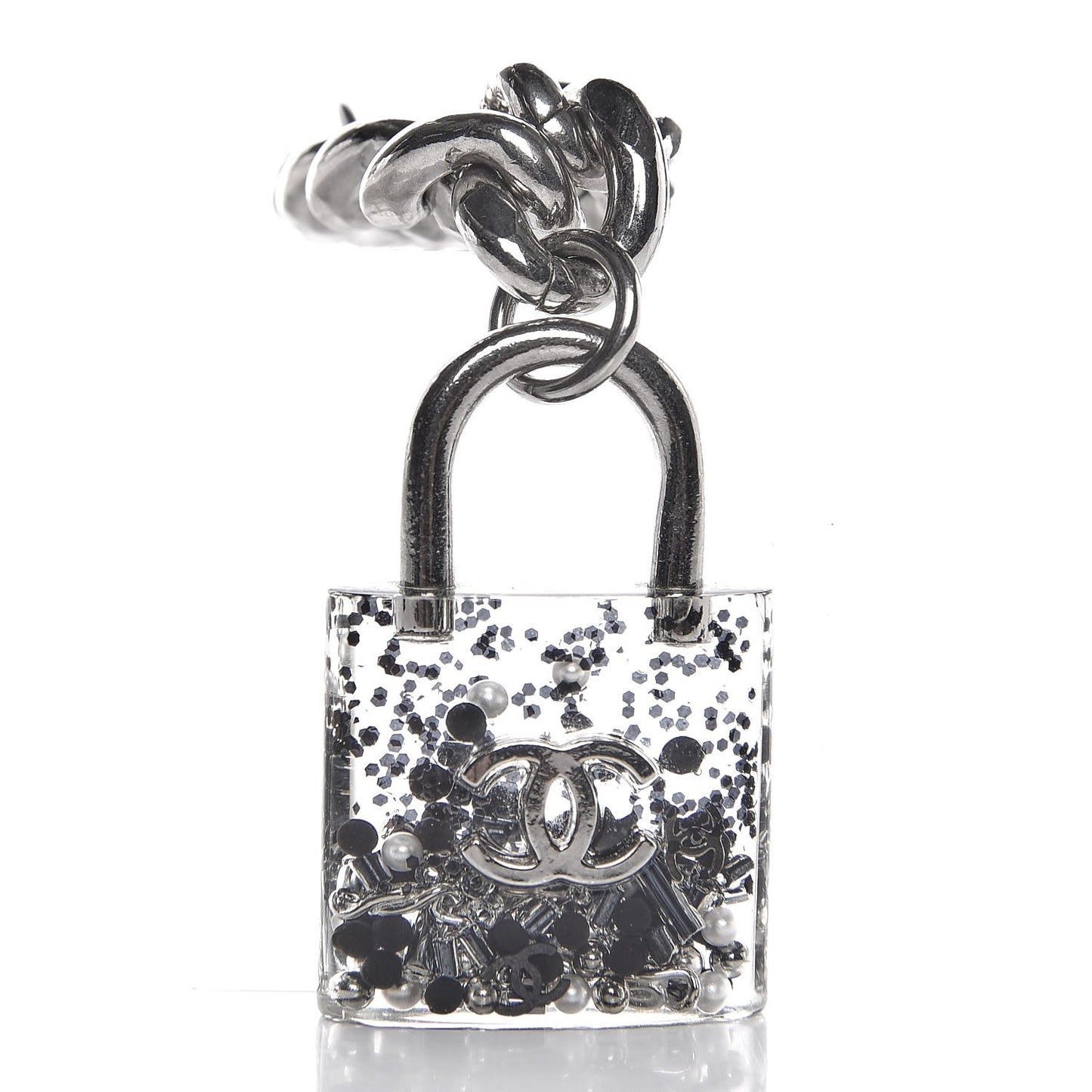 Plexiglass Pearl CC Padlock Bracelet Silver