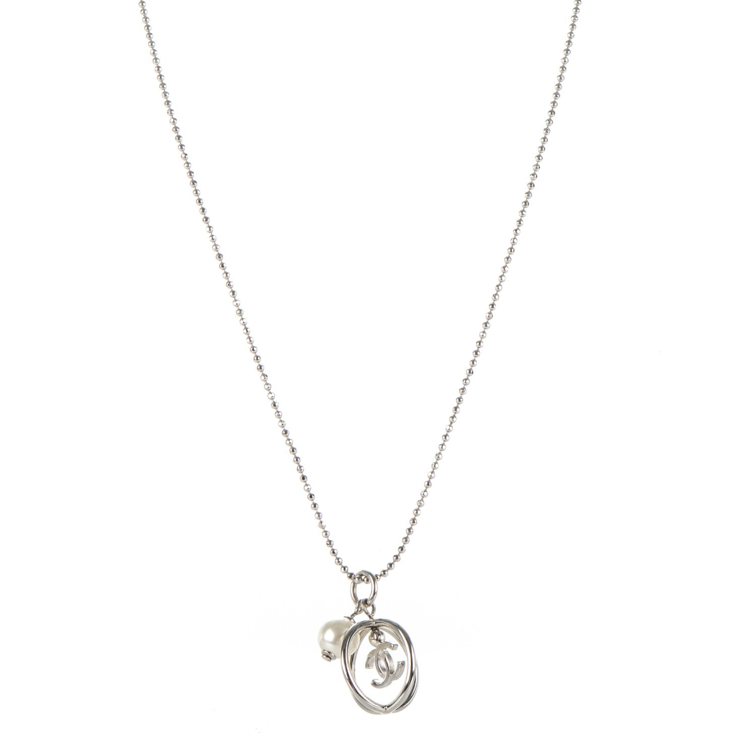 Chanel Pearl CC Pendant Necklace Silver 1 of 5