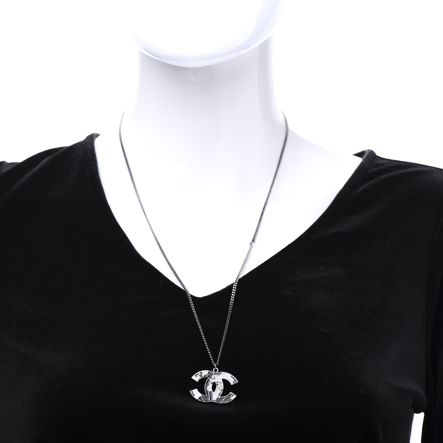 Chanel Ruthenium Globe CC Pendant Necklace Dark Silver 2 of 6