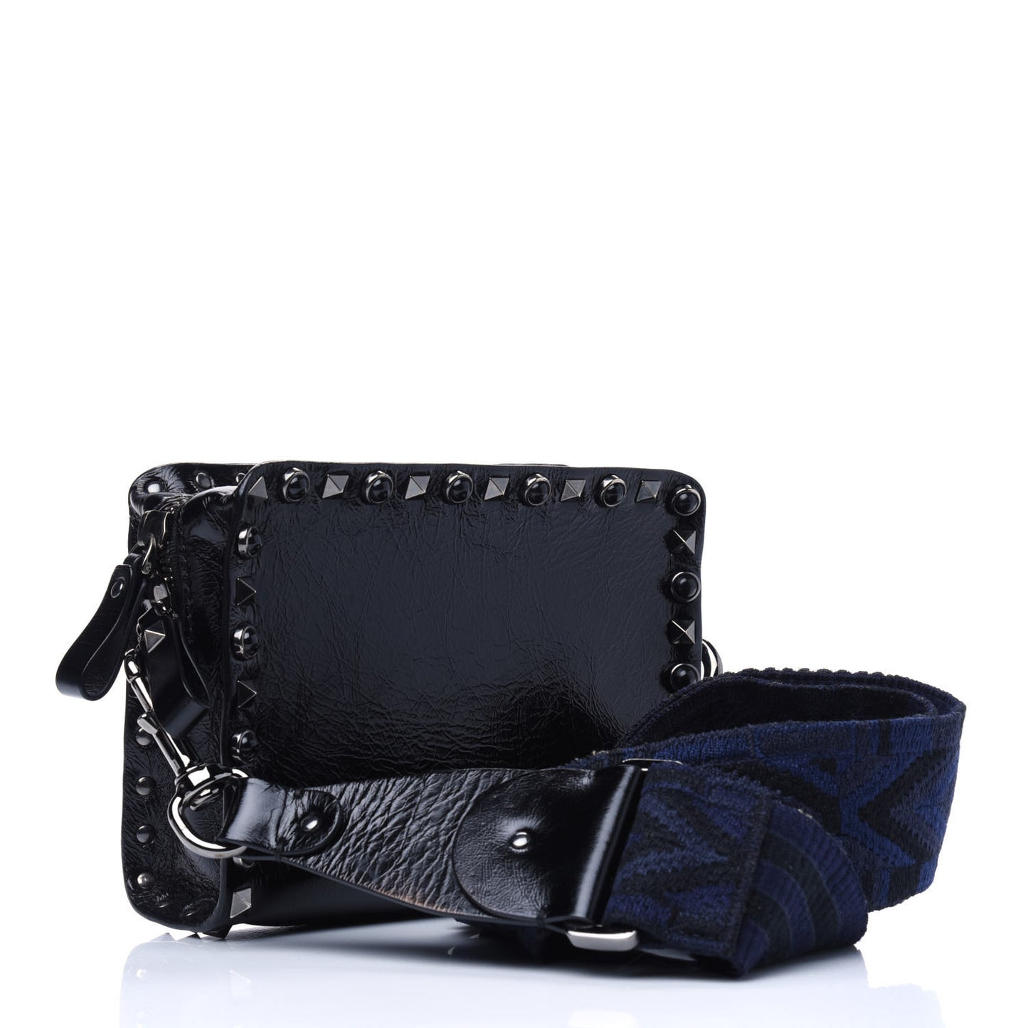 Craquele Calfskin Small Guitar Strap Rockstud Rolling Flap Pocket Shoulder Bag Black