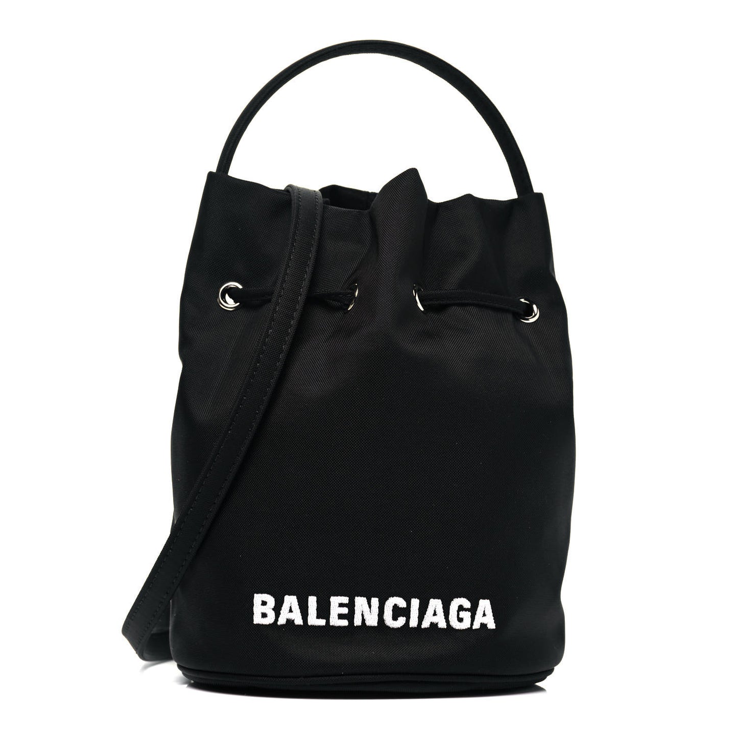Recycled Sport Nylon Logo Embroidered Wheel Drawstring Bucket Bag Black White