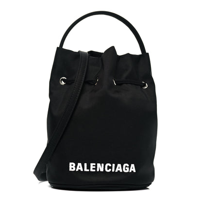 Balenciaga Recycled Sport Nylon Logo Embroidered Wheel Drawstring Bucket Bag Black White 1 of 6