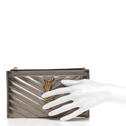 Saint Laurent Metallic Grain De Poudre Matelasse Chevron Monogram Bill Pouch Piombo 2 of 9