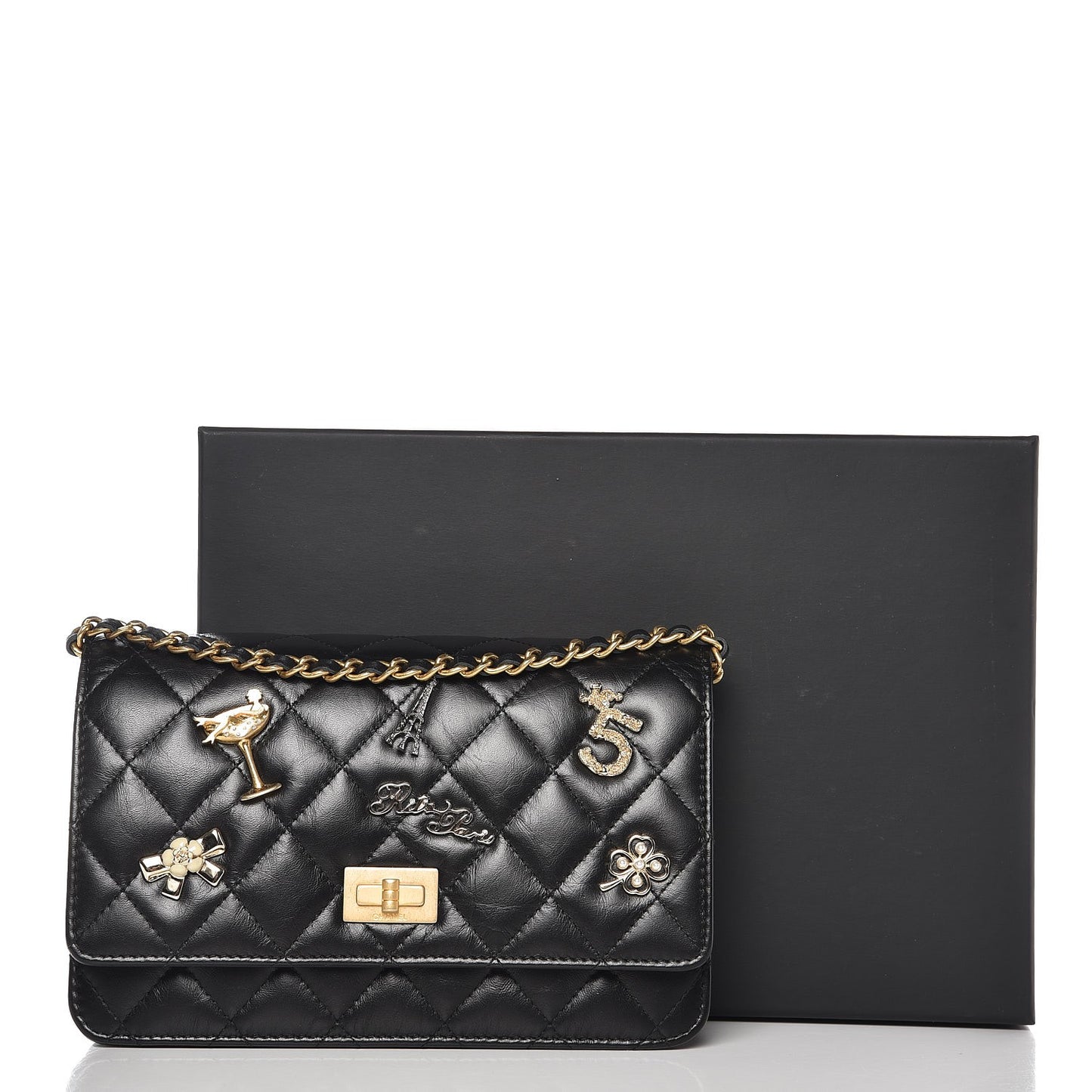 Aged Calfskin Quilted Lucky Charms 2.55 Reissue Wallet On Chain WOC Black