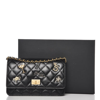 Chanel Aged Calfskin Quilted Lucky Charms 2.55 Reissue Wallet On Chain WOC Black 9 of 9